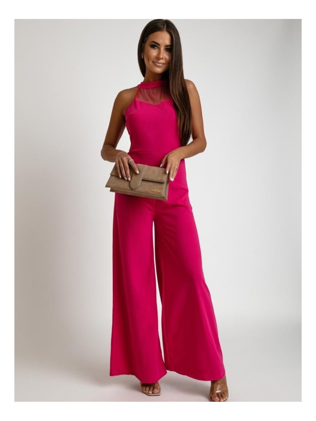 Jumpsuit with wide legs and a stand-up collar, dark pink AZR1582